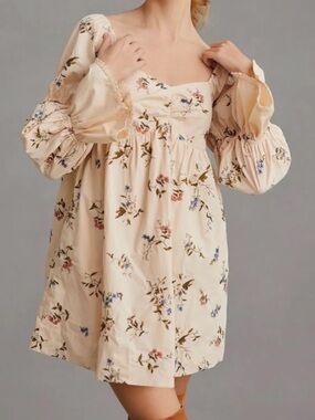 Anthropologie Cream Floral Puff-Sleeve Smocked Mini Dress